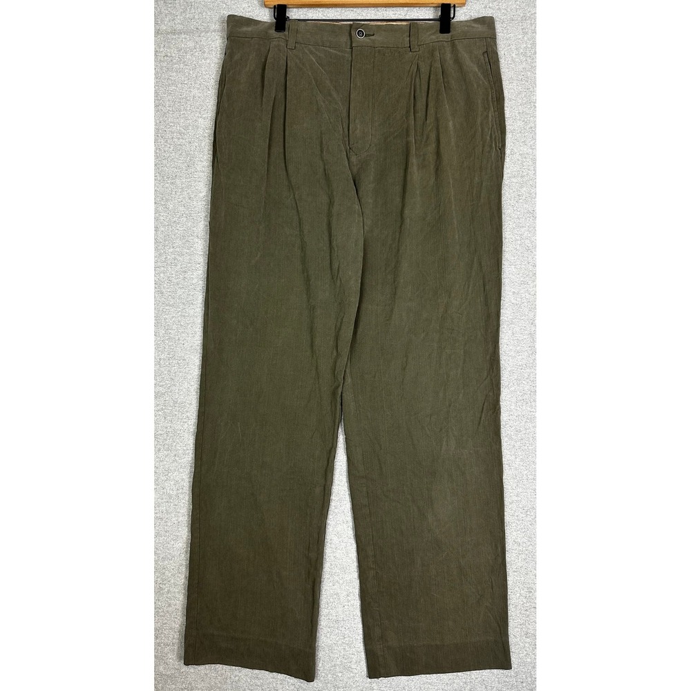 Tommy Bahama Pleated Pants Mens 36x32 Olive Silk Bamboo Herringbone